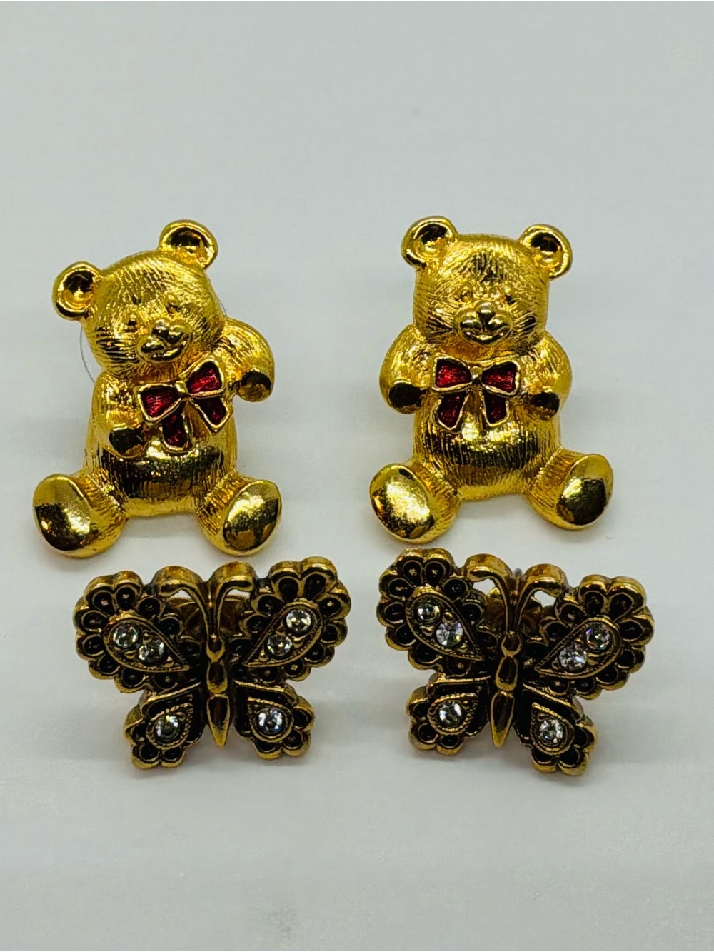 2 Pairs of Vintage Gold Toned Avon Earrings for Pierced Ears, Butterfly And Bear